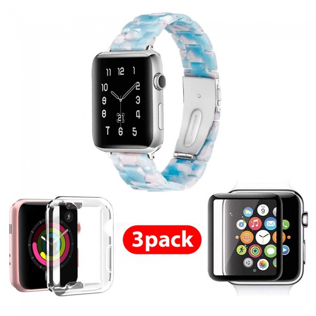 3Pack Apple Watch Band Resin Strap with TPU Protective Cover and 3D Screen Protector 44mm by Margoun - White Blue