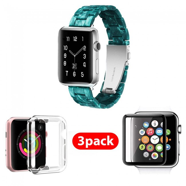 3Pack Apple Watch Band Resin Strap with TPU Protective Cover and 3D Screen Protector 44mm by Margoun - Marble Green