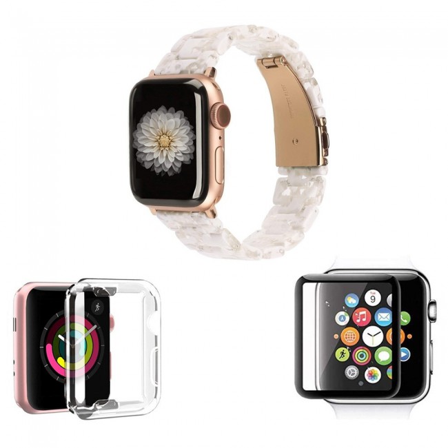 3Pack Apple Watch Band Resin Strap with TPU Protective Cover and 3D Screen Protector 44mm by Margoun - Marble Light Cream