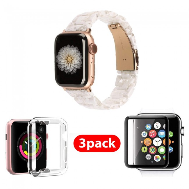 3Pack Apple Watch Band Resin Strap with TPU Protective Cover and 3D Screen Protector 44mm by Margoun - Marble Light Cream