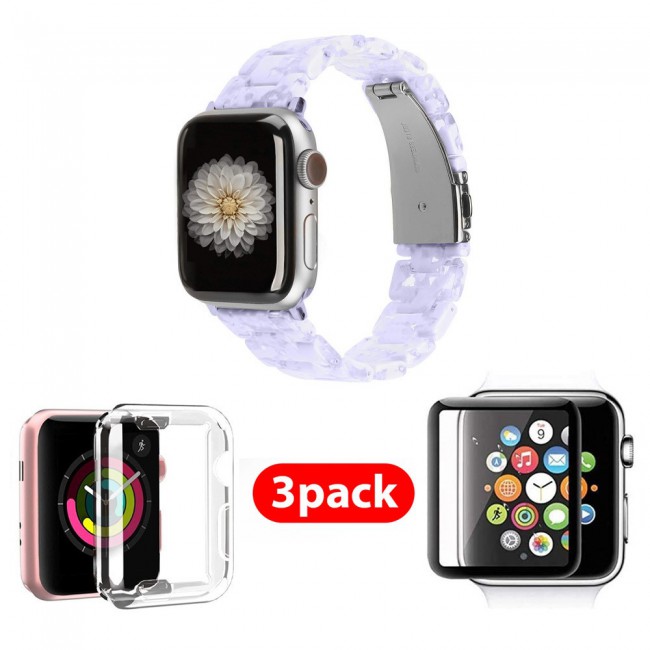 3Pack Apple Watch Band Resin Strap with TPU Protective Cover and 3D Screen Protector 44mm by Margoun - Marble Light Purple