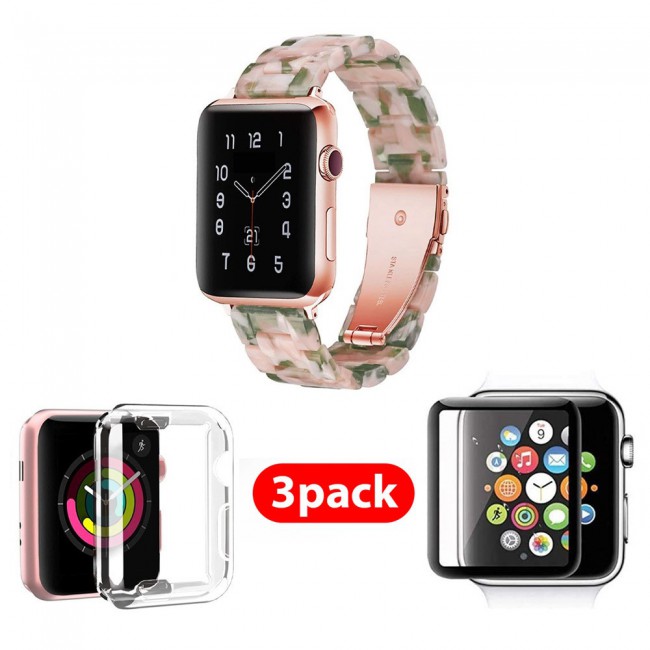 3Pack Apple Watch Band Resin Strap with TPU Protective Cover and 3D Screen Protector 44mm by Margoun - Marble Pink Green