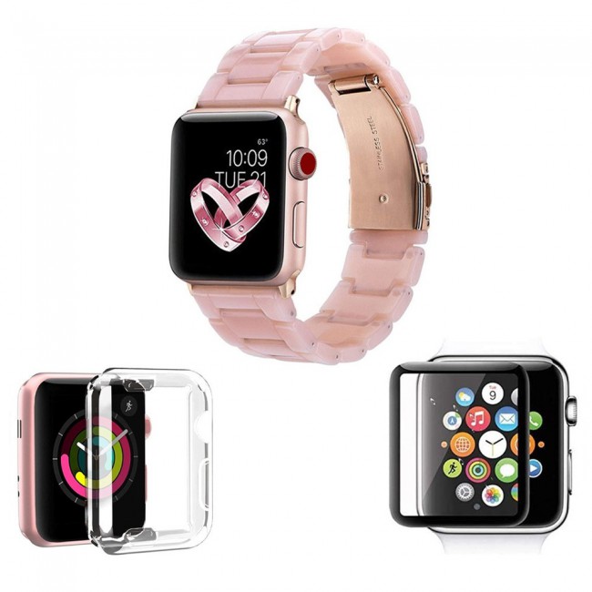 3Pack Apple Watch Band Resin Strap with TPU Protective Cover and 3D Screen Protector 44mm by Margoun - Marble Pink