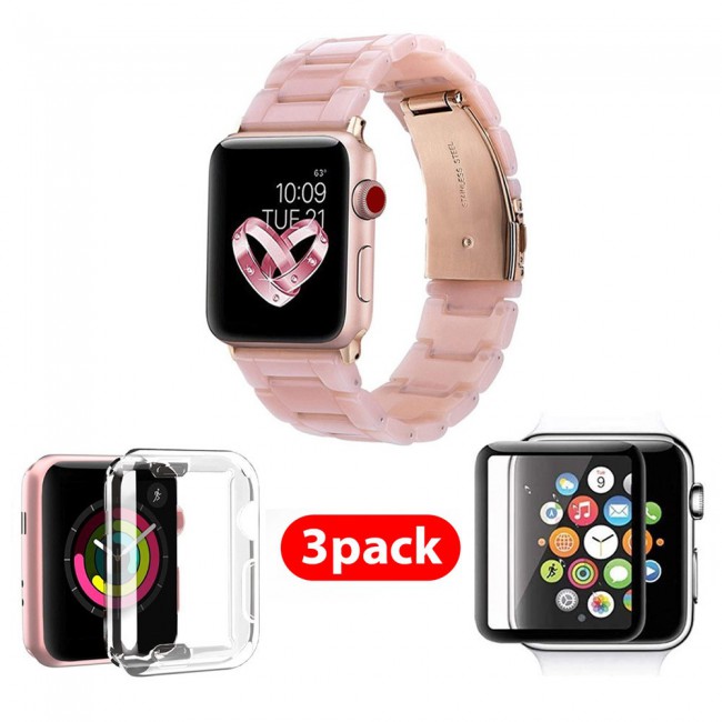 3Pack Apple Watch Band Resin Strap with TPU Protective Cover and 3D Screen Protector 44mm by Margoun - Marble Pink