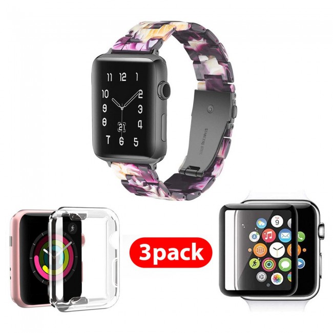 3Pack Apple Watch Band Resin Strap with TPU Protective Cover and 3D Screen Protector 44mm by Margoun - Purple Yellow Flower