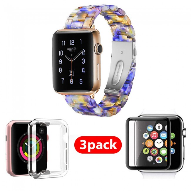 3Pack Apple Watch Band Resin Strap with TPU Protective Cover and 3D Screen Protector 44mm by Margoun - Marble Purple