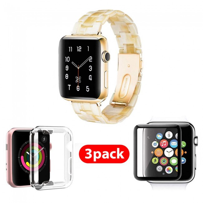 3Pack Apple Watch Band Resin Strap with TPU Protective Cover and 3D Screen Protector 44mm by Margoun - Marble White Yellow