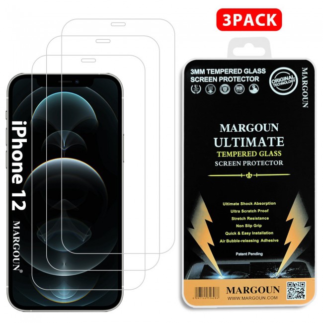 3Pack Apple iPhone 12 and 12 Pro Tempered Glass Screen Protector Ultimate by Margoun - Clear