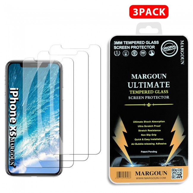 3Pack Apple iPhone X and XS Tempered Glass Screen Protector Ultimate by Margoun - Clear