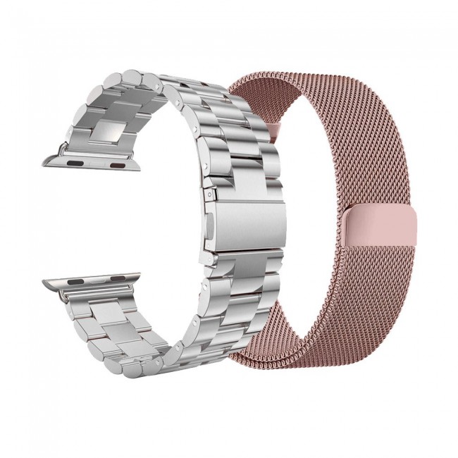 2Pack Apple Watch Band 42-44-45mm Magnetic Milanese and Stainless Steel Buckle Strap by Margoun – Silver Rose Gold