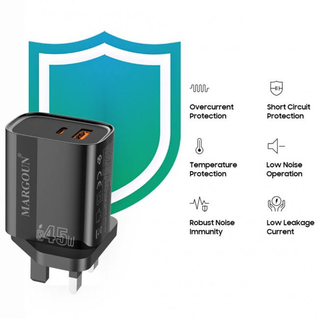 MARGOUN 45W Power Adapter Duo, Dual USB-C USB-A Ports, PD and QC Super Fast Charging, MG-4518XBEG001AE