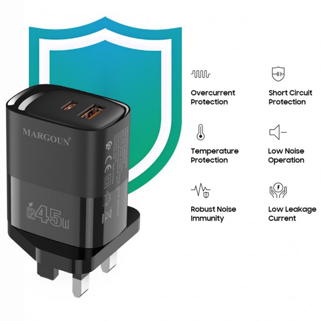 MARGOUN 45W Power Adapter Duo, Dual USB-C USB-A Ports, PD and QC Super Fast Charging, MG-4518XBEG003AE