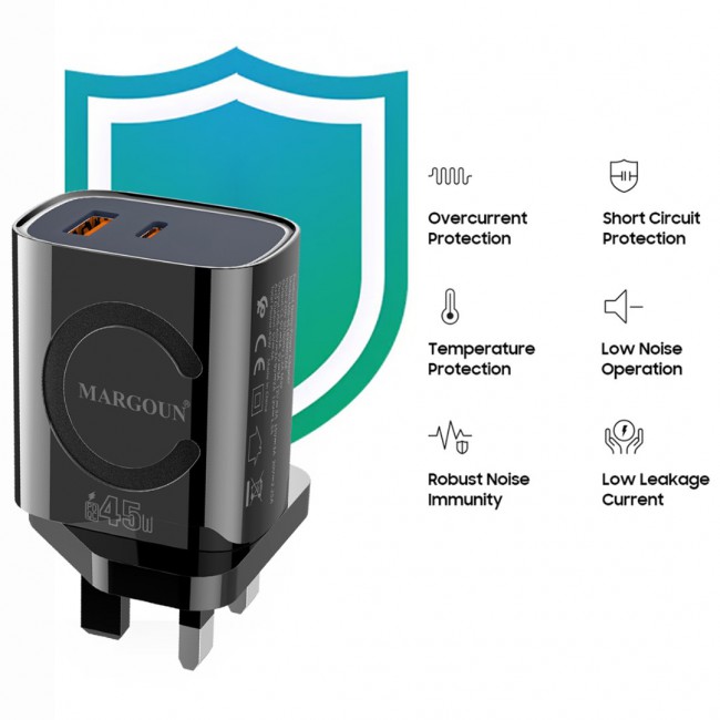 MARGOUN 45W Power Adapter Duo, Dual USB-C USB-A Ports, PD and QC Super Fast Charging, MG-4518XBEG005AE