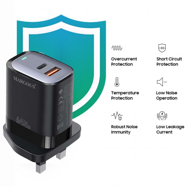 MARGOUN 45W Power Adapter Duo, Dual USB-C USB-A Ports, PD and QC Super Fast Charging, MG-4518XBEG002AE
