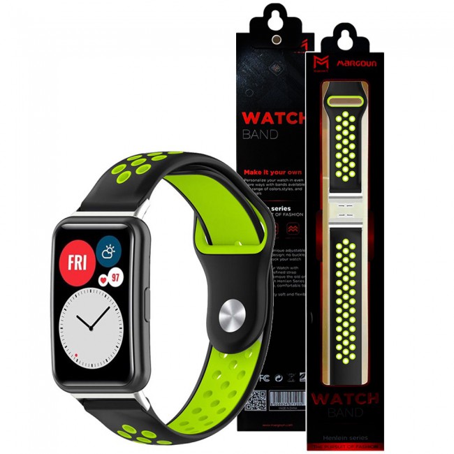 Huawei Watch Fit Band Soft Silicone Strap Watchband Double Color Quick Release Replacement Band Black/Neon Green