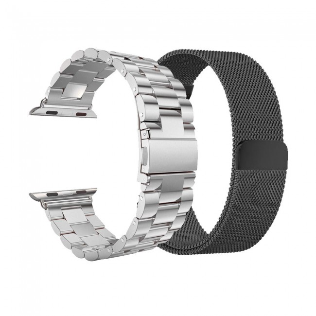 2Pack Apple Watch Band 42-44-45mm Magnetic Milanese and Stainless Steel Buckle Strap by Margoun – Silver Black