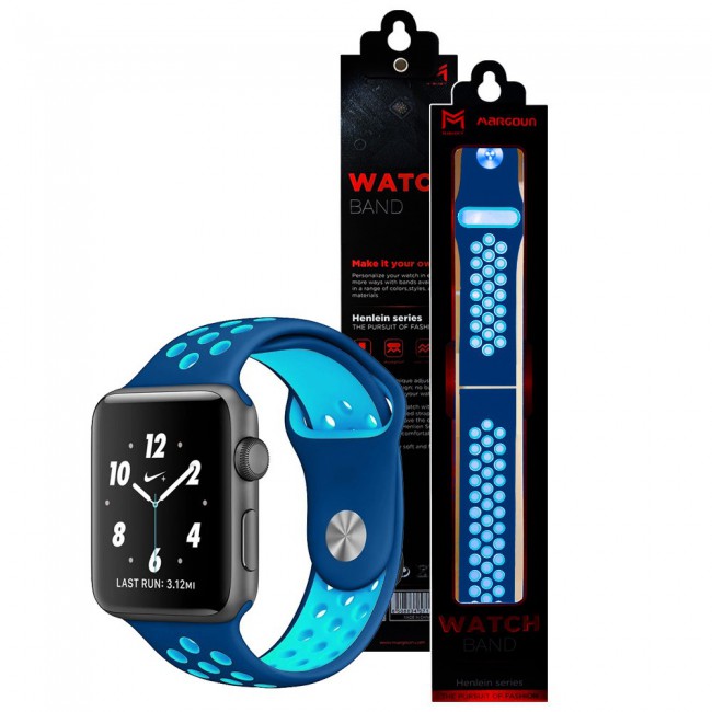 Apple Watch Band 42-44-45mm Silicone Nike Design Strap Henlein Series by Margoun - Dark and Light Blue