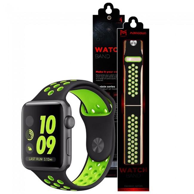 Apple Watch Band 38-40-41mm Silicone Nike Design Strap Henlein Series by Margoun - Black Green