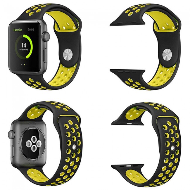 Margoun Apple Watch Band 42-44-45mm Silicone Nike Design Strap Henlein- Black Yellow