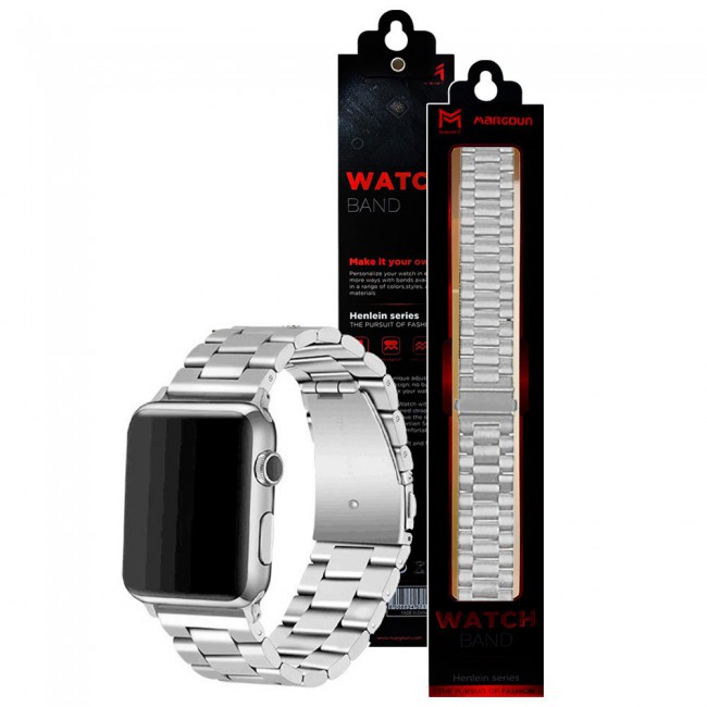Apple Watch Band 42-44-45mm Buckle Stainless Steel Strap Henlein Series by Margoun - Silver