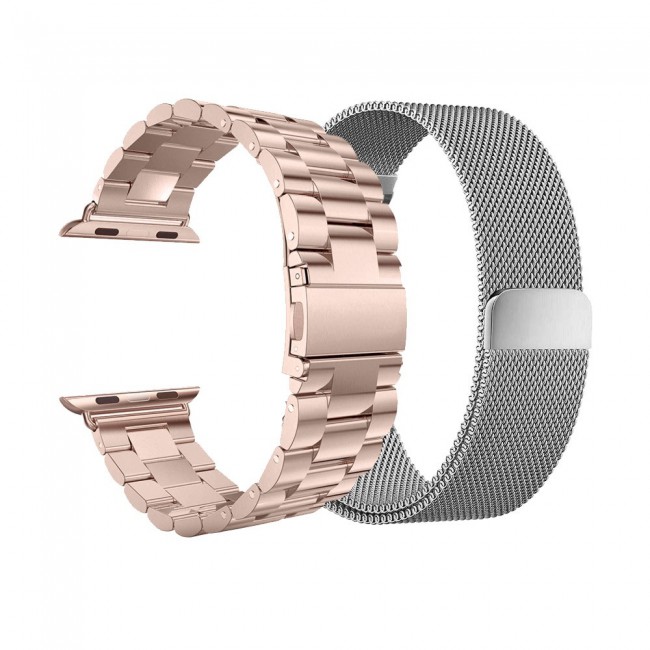 2Pack Apple Watch Band 42-44-45mm Magnetic Milanese and Stainless Steel Buckle Strap by Margoun – Rose Gold Silver