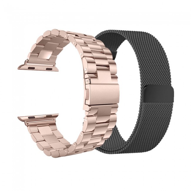 2Pack Apple Watch Band 42-44-45mm Magnetic Milanese and Stainless Steel Buckle Strap by Margoun – Rose Gold Black