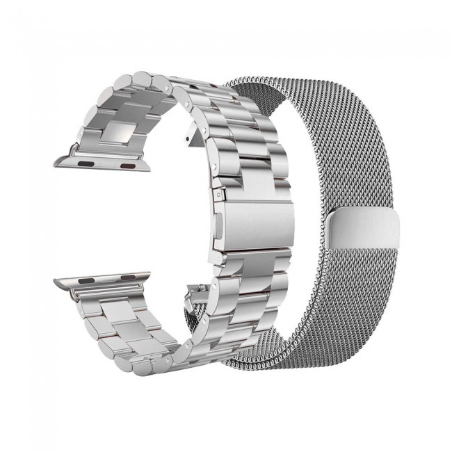 2Pack Apple Watch Band 42-44-45mm Magnetic Milanese and Stainless Steel Buckle Strap by Margoun – Silver