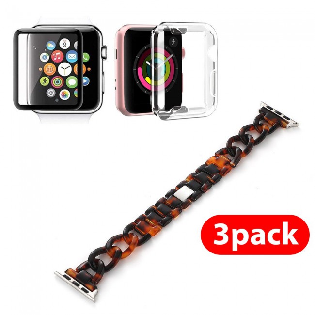 3Pack Apple Watch Band Chain Resin Design with TPU Case and 3D Screen Protector 44mm by Margoun – Marble Brown