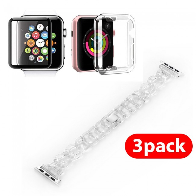 3Pack Apple Watch Band Chain Resin Design with TPU Case and 3D Screen Protector 44mm by Margoun – Marble Clear