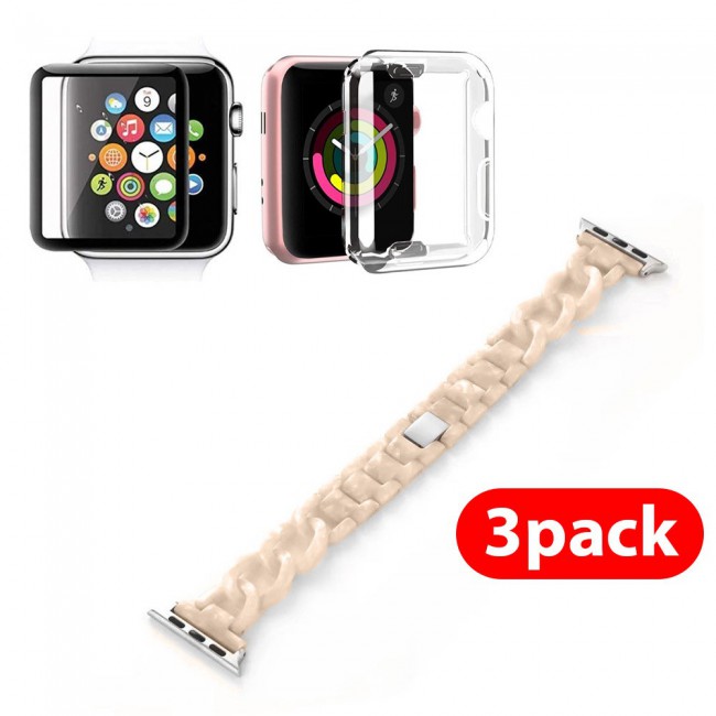 3Pack Apple Watch Band Chain Resin Design with TPU Case and 3D Screen Protector 44mm by Margoun – Marble Cream White