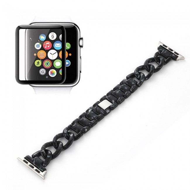 2Pack Apple Watch Band Chain Resin Design with 3D Screen Protector 44mm by Margoun – Marble Black