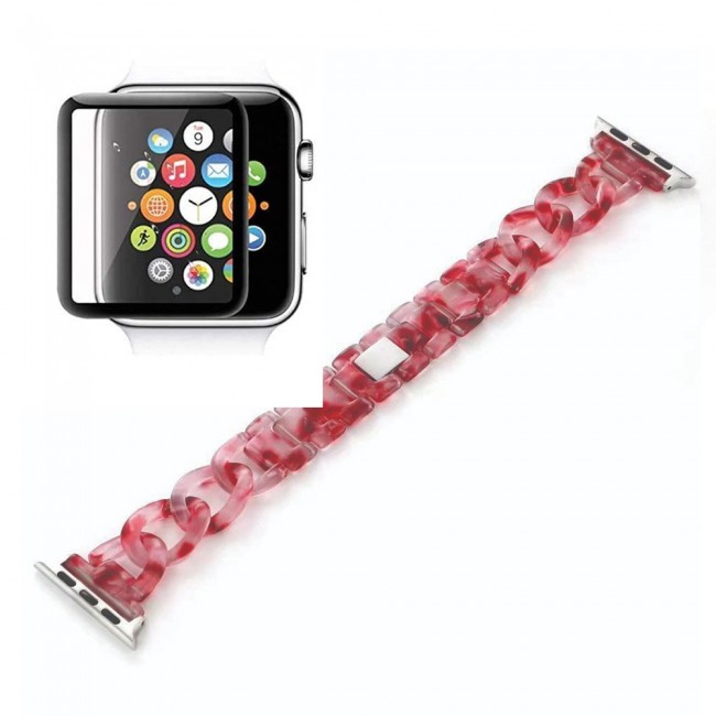 2Pack Apple Watch Band Chain Resin Design with 3D Screen Protector 44mm by Margoun – Marble Red