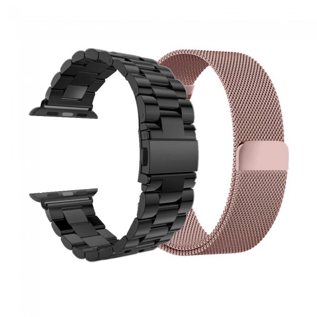 2Pack Apple Watch Band 42-44-45mm Magnetic Milanese and Stainless Steel Buckle Strap by Margoun – Black Rose Gold
