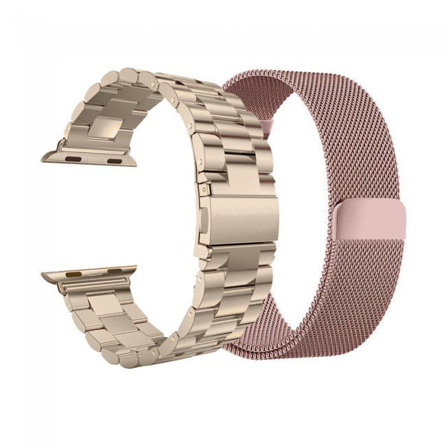 2Pack Apple Watch Band 42-44-45mm Magnetic Milanese and Stainless Steel Buckle Strap by Margoun – Gold Rose Gold