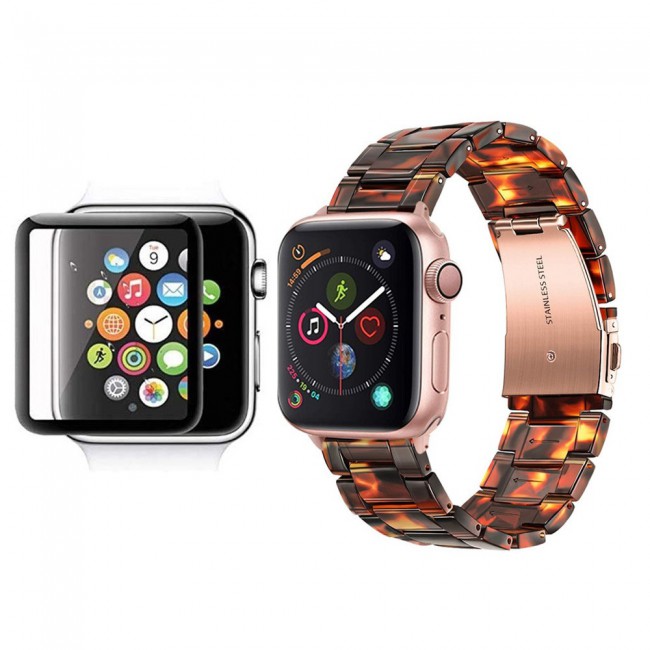 2Pack Apple Watch Band Resin Strap with 3D Screen Protector 44mm by Margoun - Marble Black Brown