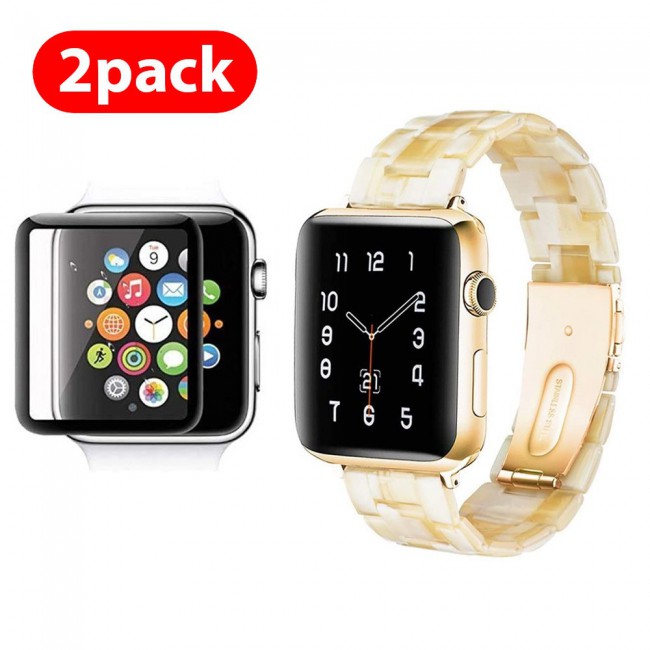 2Pack Apple Watch Band Resin Strap with 3D Screen Protector 44mm by Margoun - Marble White Yellow