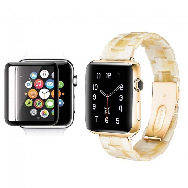 2Pack Apple Watch Band Resin Strap with 3D Screen Protector 44mm by Margoun - Marble White Yellow