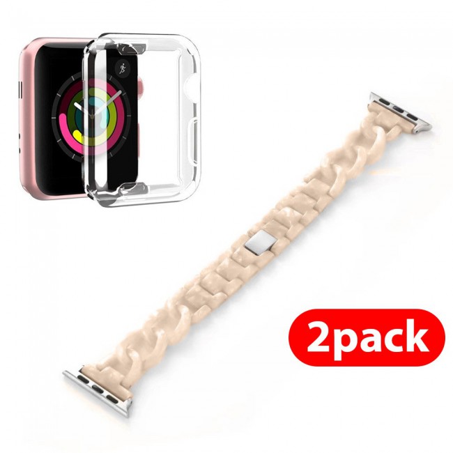 2Pack Apple Watch Band Chain Resin Design with Protective TPU Case 44mm by Margoun – Marble Cream White