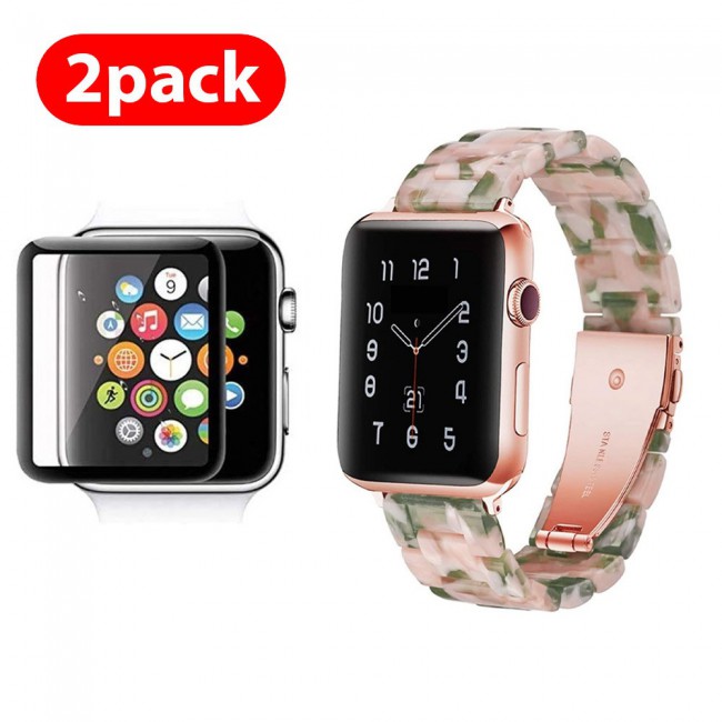2Pack Apple Watch Band Resin Strap with 3D Screen Protector 44mm by Margoun - Marble Pink Green