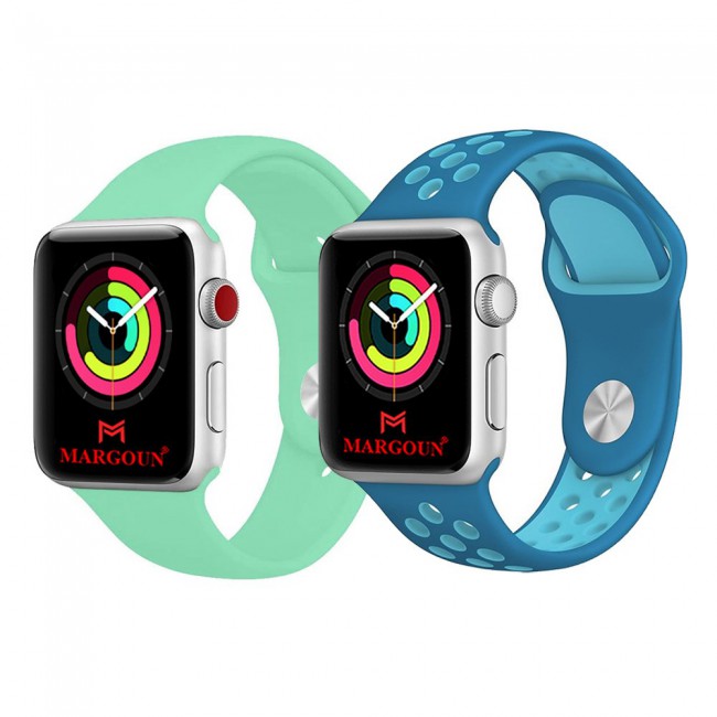 2Pack Apple Watch Band Soft Silicone and Nike Design 42-44-45mm 38-40-41mm by Margoun - Green Blue