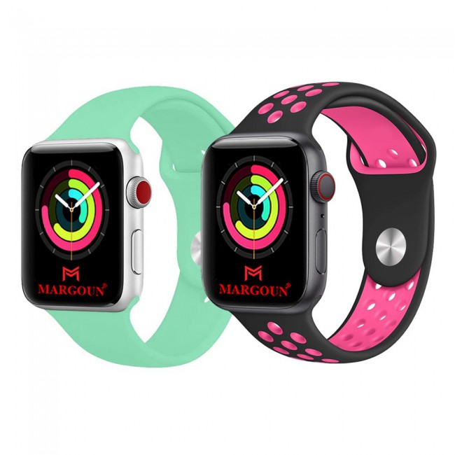 2Pack Apple Watch Band Soft Silicone and Nike Design 42-44-45mm 38-40-41mm by Margoun - Green Grey Pink