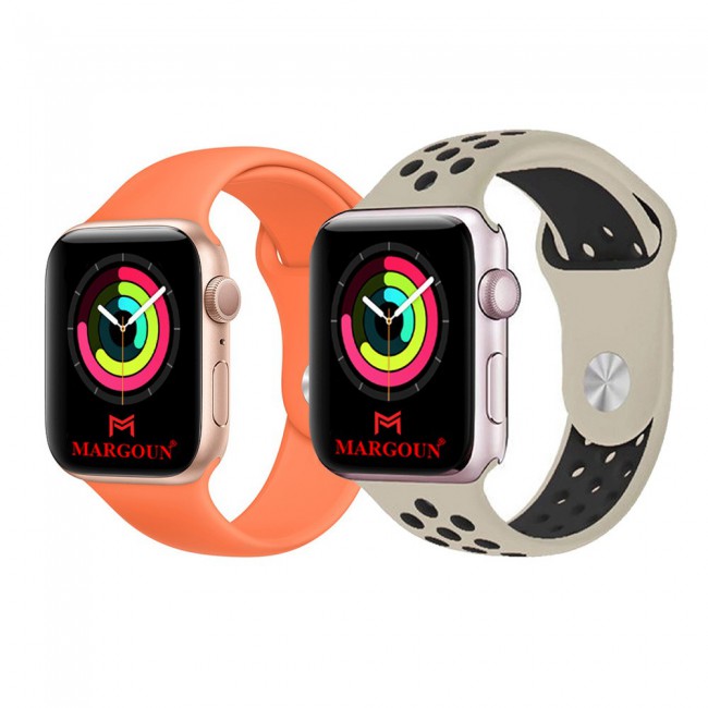 2Pack Apple Watch Band Soft Silicone and Nike Design 42-44-45mm 38-40-41mm by Margoun - Orange Beige Black
