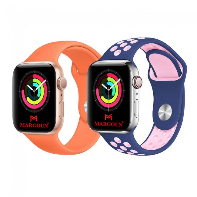 2Pack Apple Watch Band Soft Silicone and Nike Design 42-44-45mm 38-40-41mm by Margoun - Orange Blue Pink