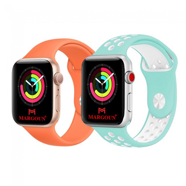 2Pack Apple Watch Band Soft Silicone and Nike Design 42-44-45mm 38-40-41mm by Margoun - Orange Blue White