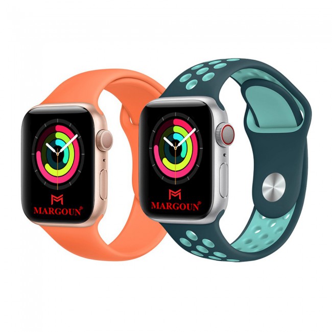 2Pack Apple Watch Band Soft Silicone and Nike Design 42-44-45mm 38-40-41mm by Margoun - Orange Green