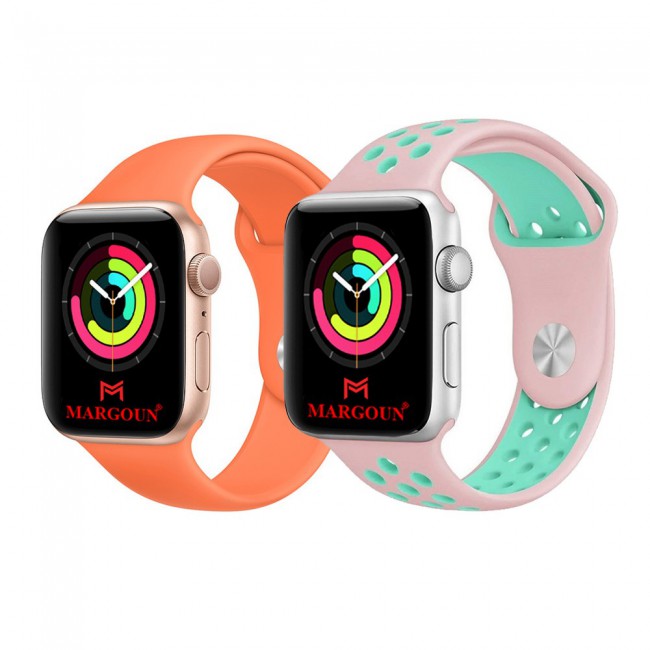2Pack Apple Watch Band Soft Silicone and Nike Design 42-44-45mm 38-40-41mm by Margoun - Orange Pink Blue