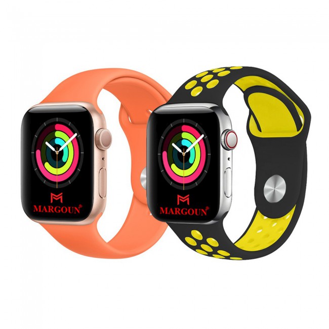 2Pack Apple Watch Band Soft Silicone and Nike Design 42-44-45mm 38-40-41mm by Margoun - Orange Black Yellow