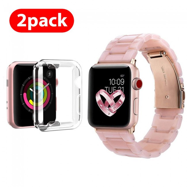 2Pack Apple Watch Band Resin Strap with TPU Protective Cover 44mm by Margoun - Marble Light Pink