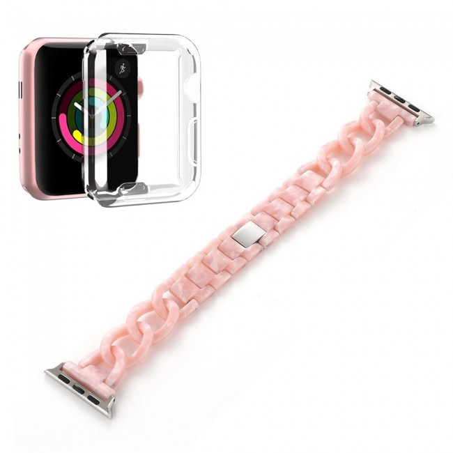 2Pack Apple Watch Band Chain Resin Design with Protective TPU Case 44mm by Margoun – Marble Pink
