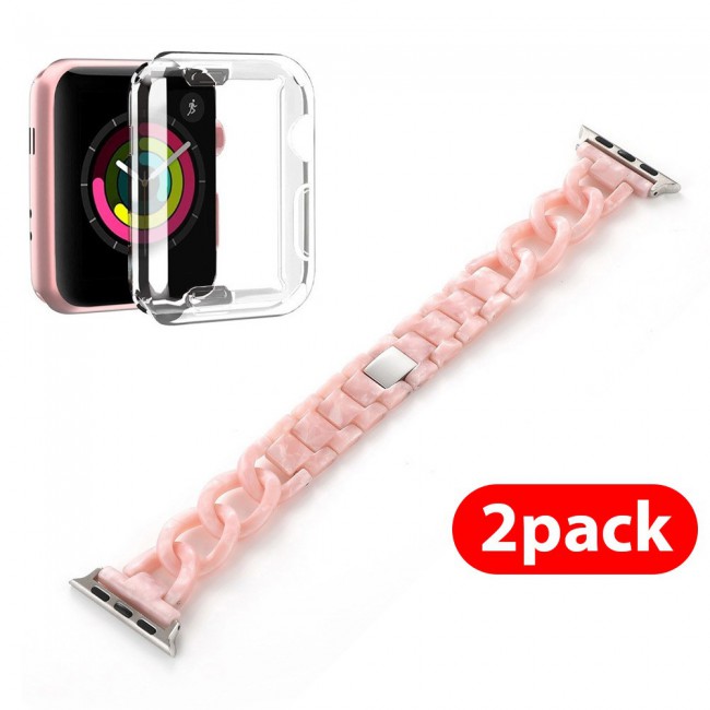 2Pack Apple Watch Band Chain Resin Design with Protective TPU Case 44mm by Margoun – Marble Pink